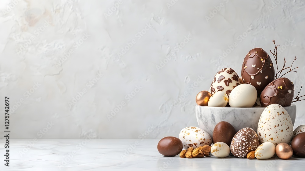 Aufkleber elegant and artful arrangement of assorted chocolate easter eggs in various sizes displayed on a whi