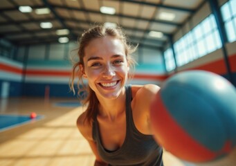 Young woman smiling while playing basketball in a sports hall