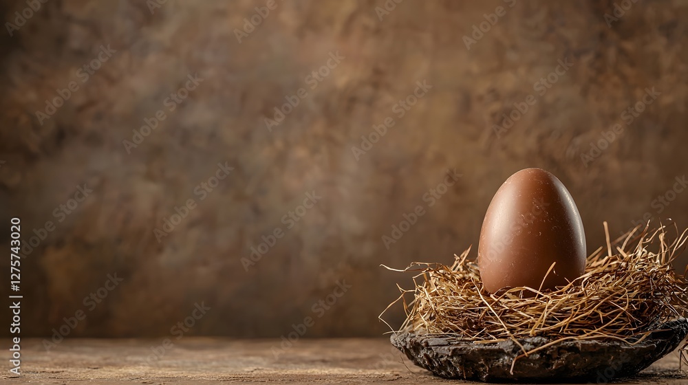 Poster minimalist and inviting close up scene of a single chocolate easter egg resting in a small nest made