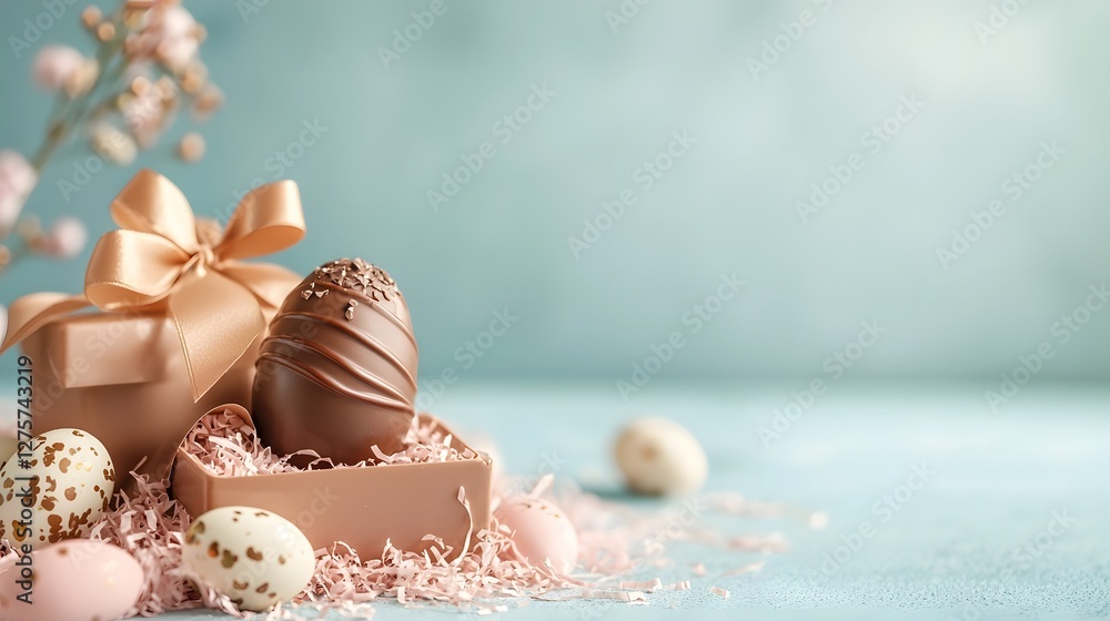 Poster festive and warm composition featuring a chocolate easter egg nestled in pastel colored shredded pap