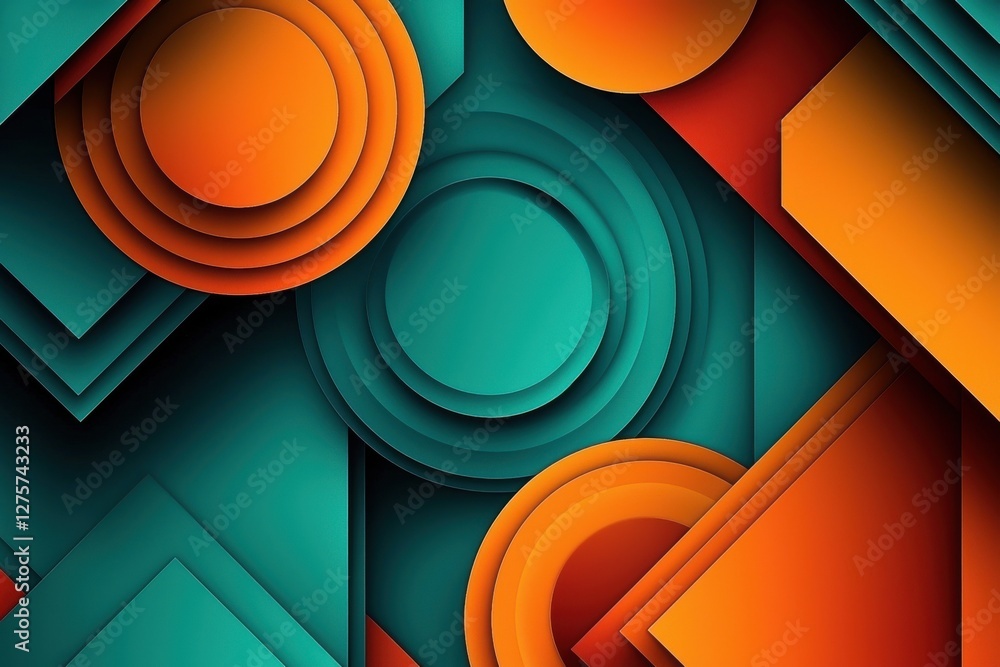 Poster abstract background featuring overlapping circles and triangles in teal and orange creating a modern