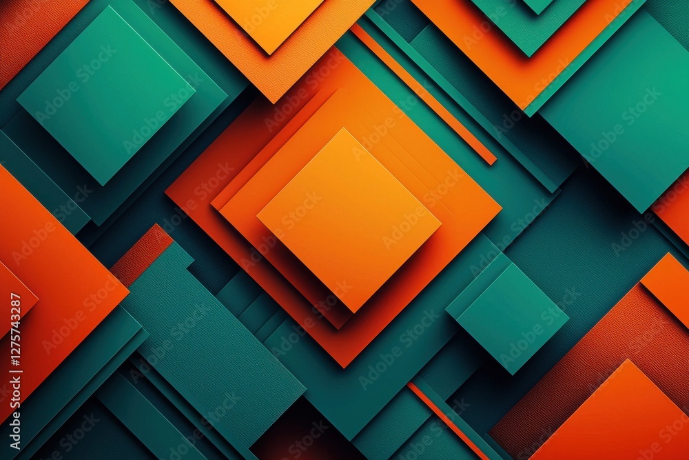 Poster a modern geometric background featuring overlapping orange and teal squares creating a vibrant, text