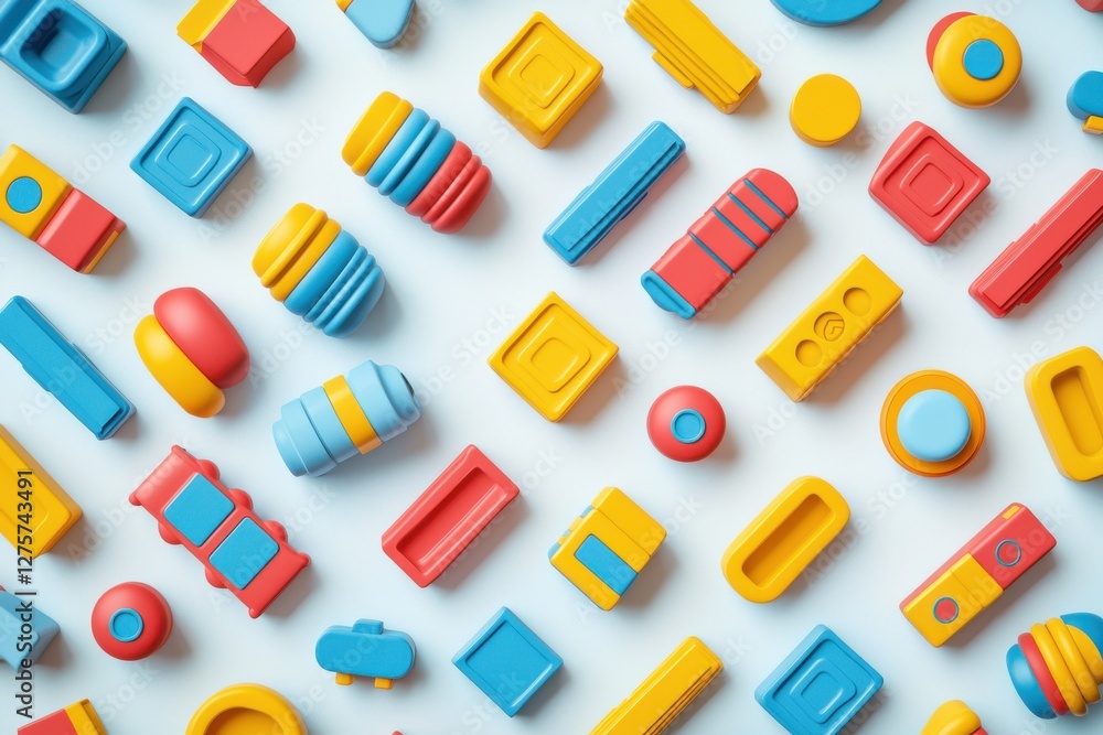 Poster a playful arrangement of colorful building blocks in red, blue, and yellow, creating a cheerful and 