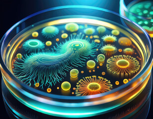 Bacterial Colonies Glowing in Petri Dish – Bioluminescent bacteria forming intricate patterns.