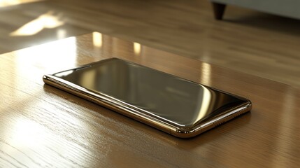 Gold phone rests on table, sunlit living room