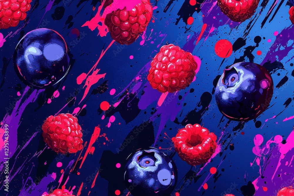 Poster a dynamic background featuring floating blueberries and raspberries with vibrant splatters of pink a