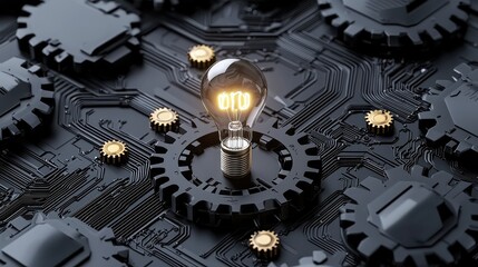 A light bulb sits atop gears and circuit patterns, symbolizing innovation and the intersection of technology and creativity.