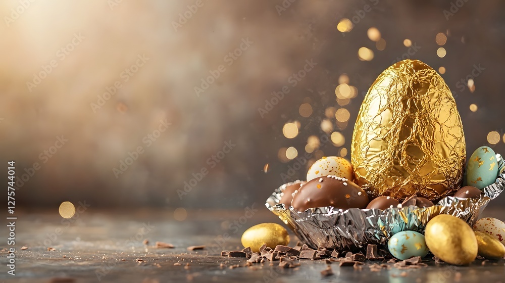 Aufkleber partially unwrapped chocolate easter egg revealing smooth rich cocoa on soft focused backdrop with a