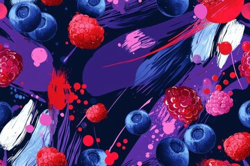 An eye-catching vibrant background with blueberries and raspberries, featuring a playful brush stroke design, perfect for adding a pop of color and energy to any project.