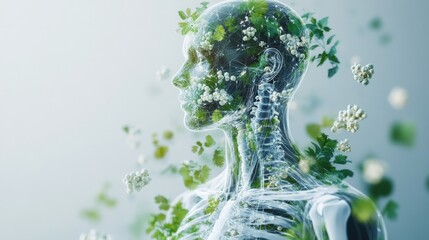 Naklejka premium A translucent human figure filled with greenery and flowers, symbolizing the connection between nature and human life.