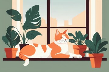 A flat-style illustration of a ginger cat sleeping on a windowsill, surrounded by lush green plants. The cozy scene captures a peaceful home atmosphere with soft colors and minimalistic design