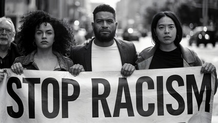 black and white photography Urban Protestors Holding Anti-Racism Banner