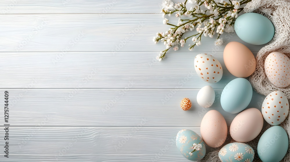 Poster pastel colored easter eggs arranged in a soft gradient pattern on a light wooden surface with gentle