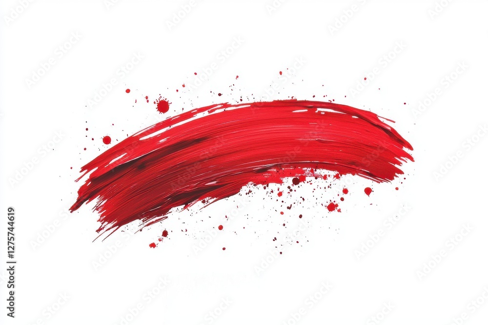 Poster abstract red paint stroke with dynamic splatters on a clean white background, creating a vibrant and