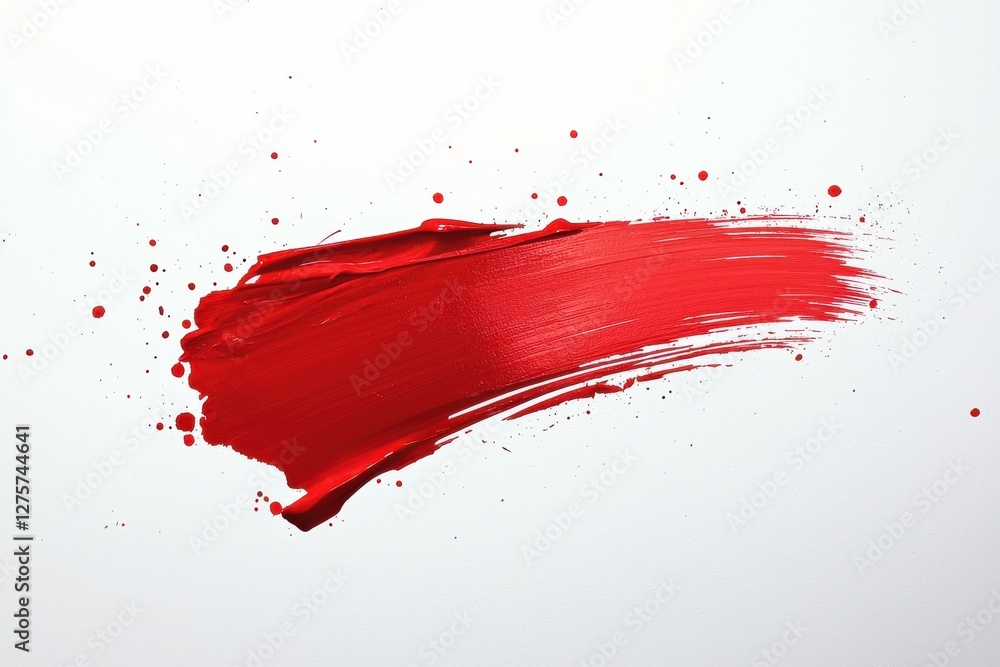 Poster bold stroke of vibrant red paint with splatters on a pristine white surface, creating a dynamic and 