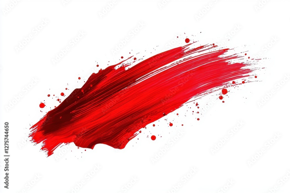 Poster vibrant red acrylic paint stroke with splatters on a clean white background, creating a dynamic abst