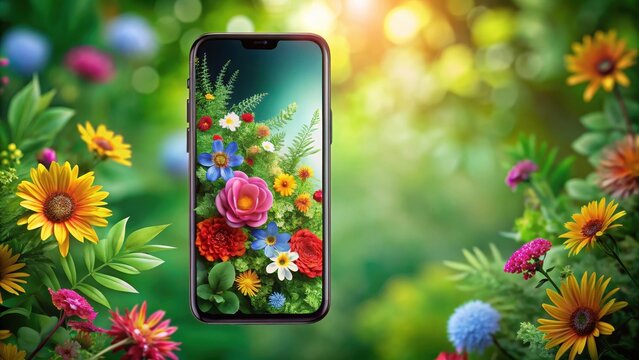 A mobile phone with a loopable background featuring colorful flowers and foliage on the screen