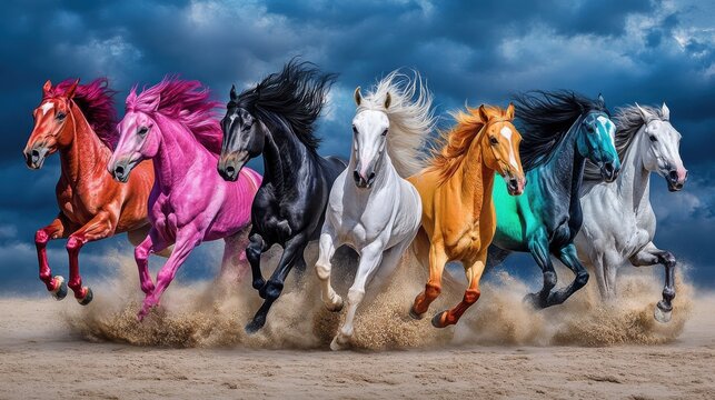 A striking image of colorful horses galloping through a dusty landscape, set against a dramatic cloudy sky, showcasing vibrancy and motion.