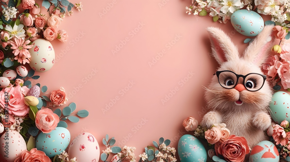 Aufkleber and minimal flat lay composition featuring easter painted eggs bunny figurines and soft floral arran
