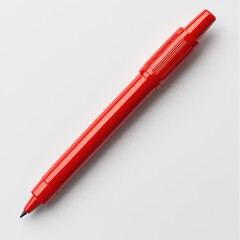 A bright red pen lying diagonally on a clean white surface, suitable for stationery, office, and school related designs, showcasing simplicity and utility.