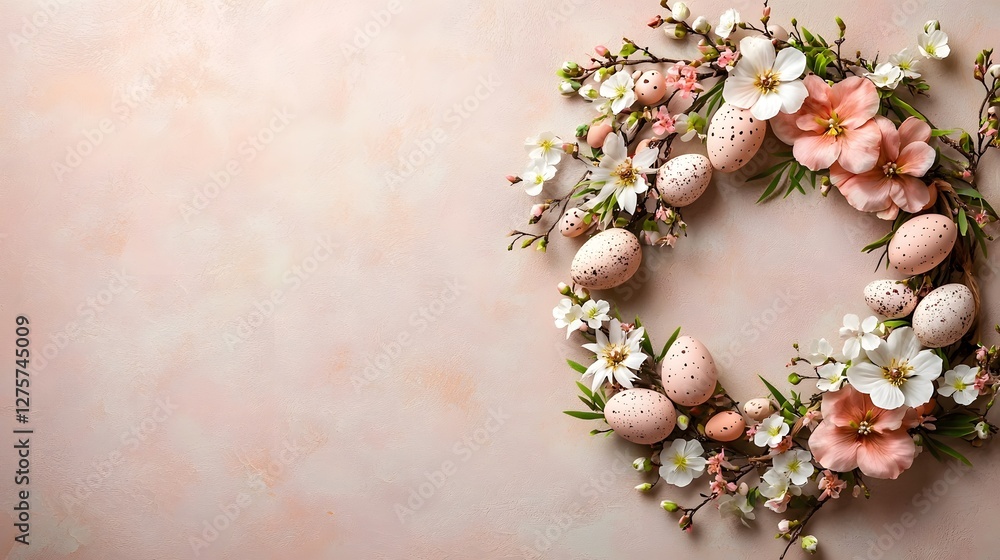 Aufkleber elegant handcrafted easter wreath of spring flowers and tiny eggs set against a soft pastel textured