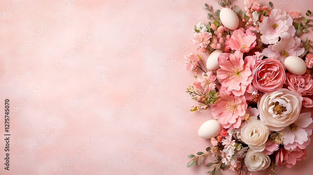 Poster delicate easter wreath made of an assortment of spring flowers and tiny eggs set against a softly te
