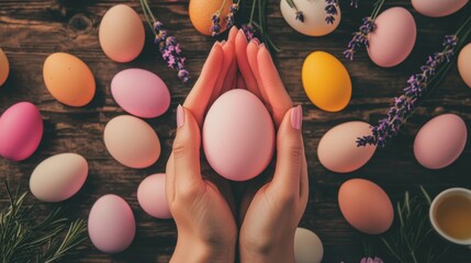 Hands holding a pink egg surrounded by various colored eggs and flowers.