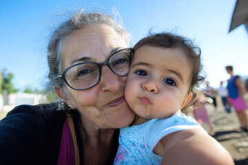 Selfie &eacute;mouvant d'une arri&egrave;re-grand-m&egrave;re et son petit-enfant souriants 