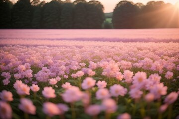 Obraz premium dreamy springtime orange cosmos flower field background, soft sunlight peaceful flower field