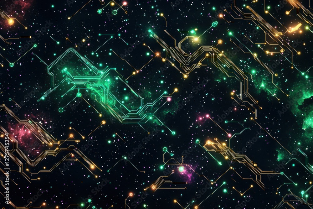 Poster a futuristic design featuring a circuit board pattern overlaying a vibrant starry sky with colorful 