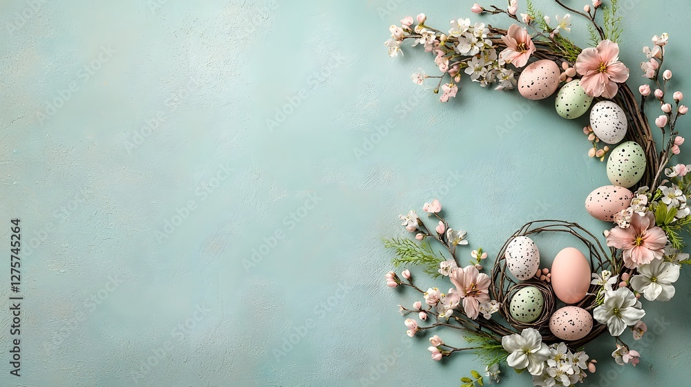 Aufkleber elegant easter wreath made of delicate spring flowers and tiny eggs set against a soft textured past