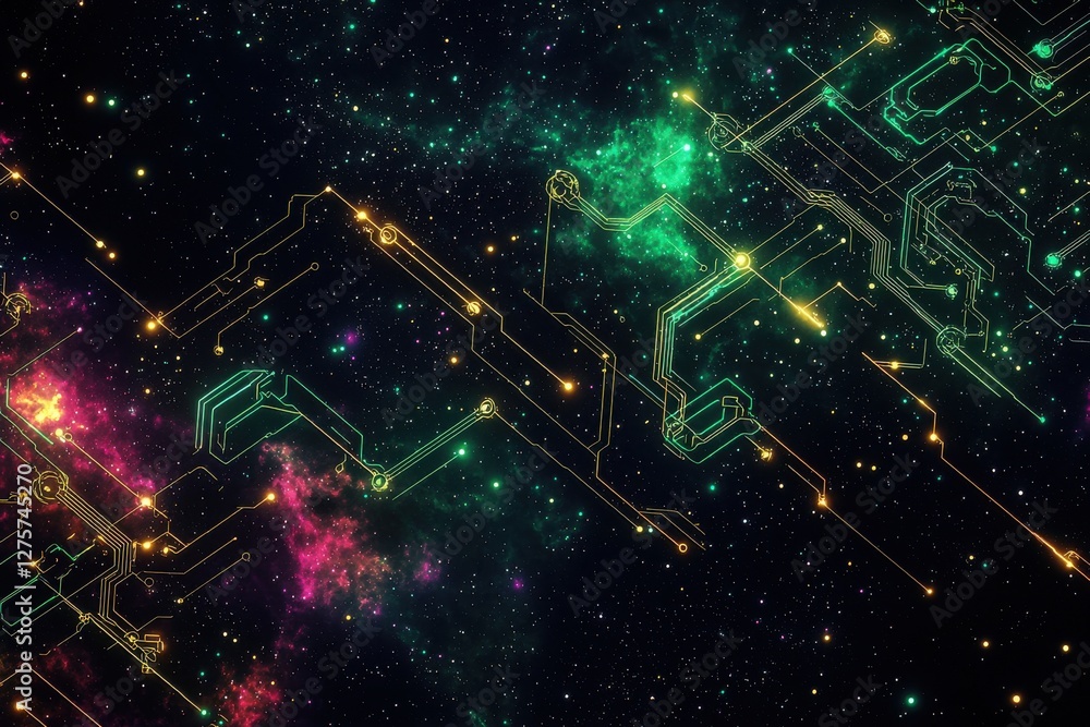 Poster a conceptual rendering of a futuristic circuit network superimposed on a cosmic background, featurin