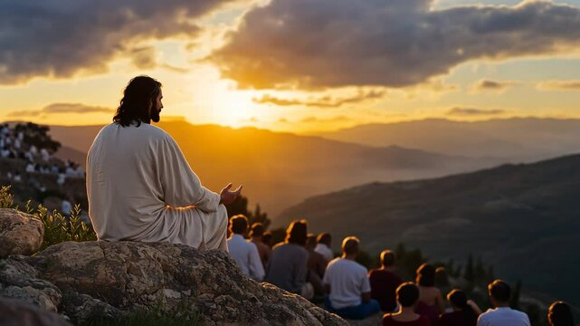 A diverse gathering listens intently to Jesus delivering the Sermon on the Mount.