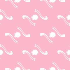 Seamless hand-drawn ink pattern on a soft pink background, featuring abstract curved brushstrokes and circular elements. Abstract wallpaper.  