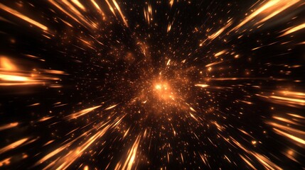 Golden light streaks, cosmic travel, dark background, motion blur, digital art