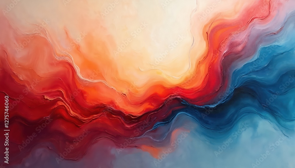 Poster abstract interplay of fiery reds, orange, cooling blues. passionate intensity balanced with serene t