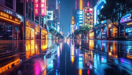 Fototapeta premium Neon Cityscape Reflections: A Rainy Night in China
