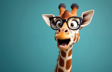 Close-up of surprised giraffe in eyeglasses with open mouth on blue background. Funny cartoon character for kids party birthday design and website banner.