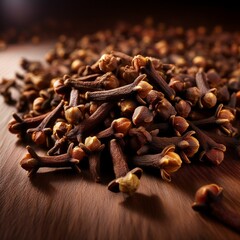 Fototapeta premium A close-up of dried cloves with a rich brown color and textured surface, showcasing their aromatic and natural spice quality in soft, warm lighting