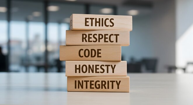 wooden blocks stacked vertically on a light surface display "ETHICS," "RESPECT," "CODE," "HONESTY," and "INTEGRITY" in dark brown font. A blurred office background emphasizes ethical business values