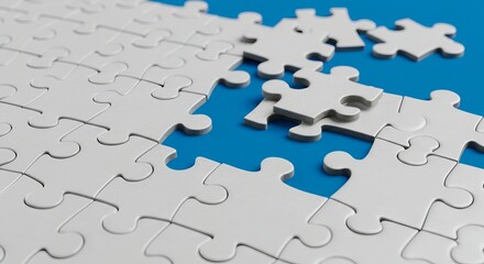 Missing puzzle pieces, a close-up, hyperrealistic image of a large, unfinished jigsaw puzzle. cool blue background underneath, focus on the texture of the puzzle 
