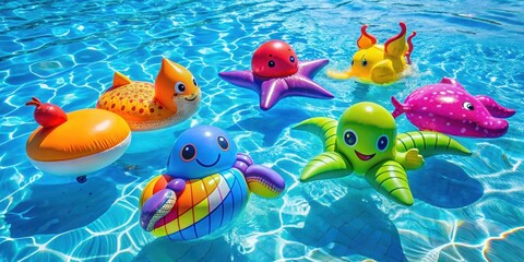 Colorful inflatable sea creatures floating on the surface of a pool