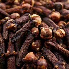 Fototapeta premium A close-up of dried cloves with a rich brown color and textured surface, showcasing their aromatic and natural spice quality in soft, warm lighting
