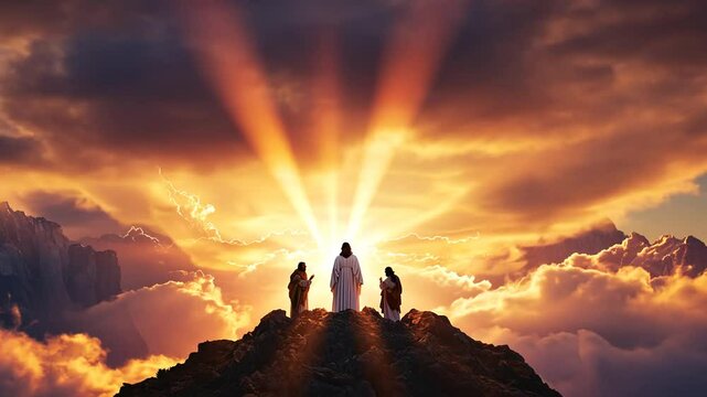 A divine moment of Jesus' transfiguration atop a tranquil mountain summit.