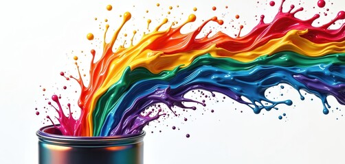 Rainbow paint splashing from open can. Vibrant colorful liquid pour, dynamic motion with vivid drip drops. Abstract art, creative expression and artistic resource design concept.