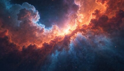 Fototapeta premium Vibrant cosmic nebula with swirling red, orange and blue gases. Brilliant colorful space galaxy night sky abstract cosmos background with stars and glowing light.
