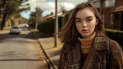Fototapeta premium Young Woman with Brown Hair in Autumn Street Scene, Soft Focus