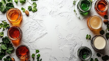 Colorful variety of craft beers with herbs.