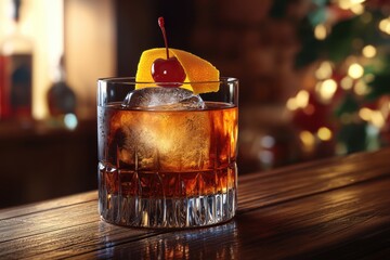 A tempting Old Fashioned cocktail on a wooden bar, garnished with a bright orange peel and a maraschino cherry, creating a warm and inviting atmosphere for celebration.