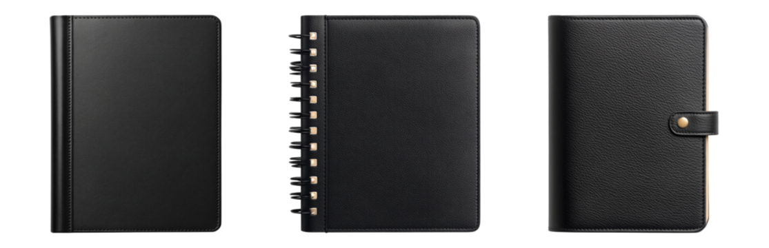 Black Leather Notebooks for Professional Use and Study Isolated on transparent background